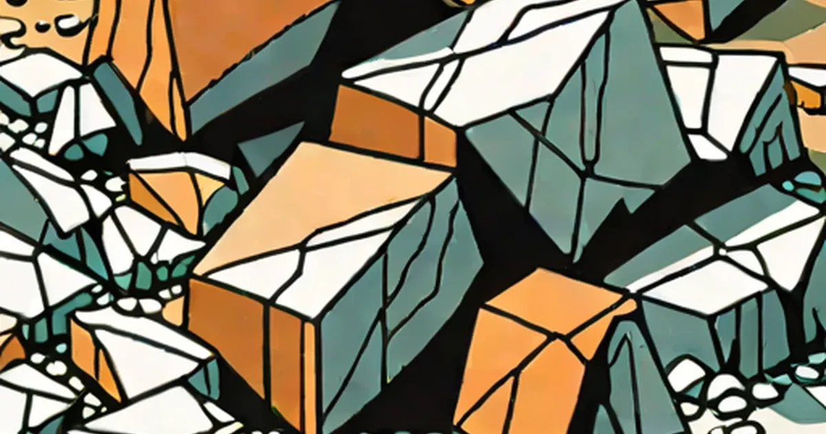 Faceted mineral-like geometric shapes in orange, teal, and white