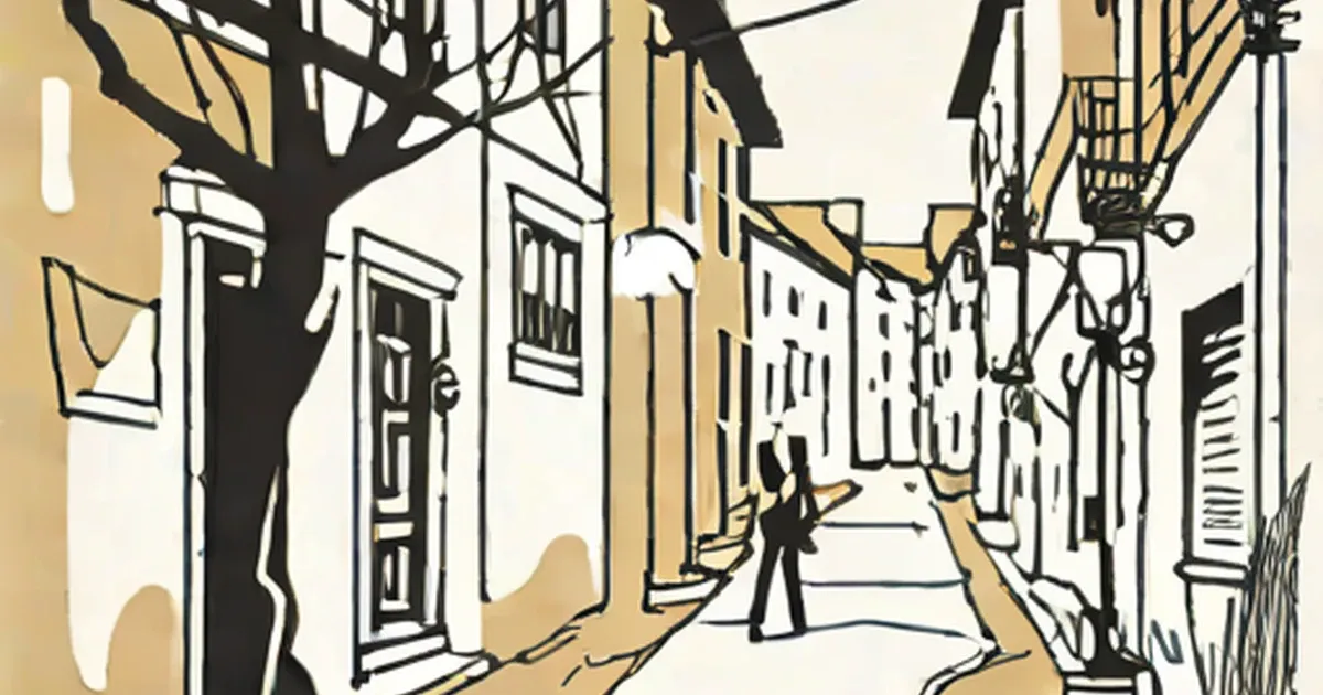 A silhouetted figure walks down a narrow street beneath a large gnarled bare tree