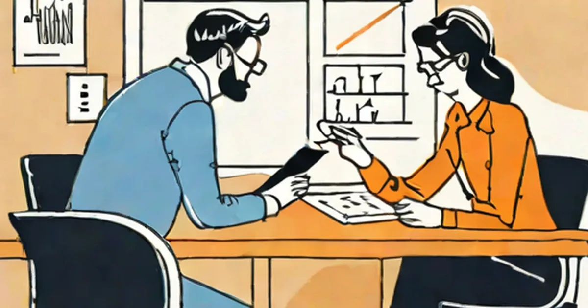 Man in blue shirt and woman in orange discuss papers at an office desk
