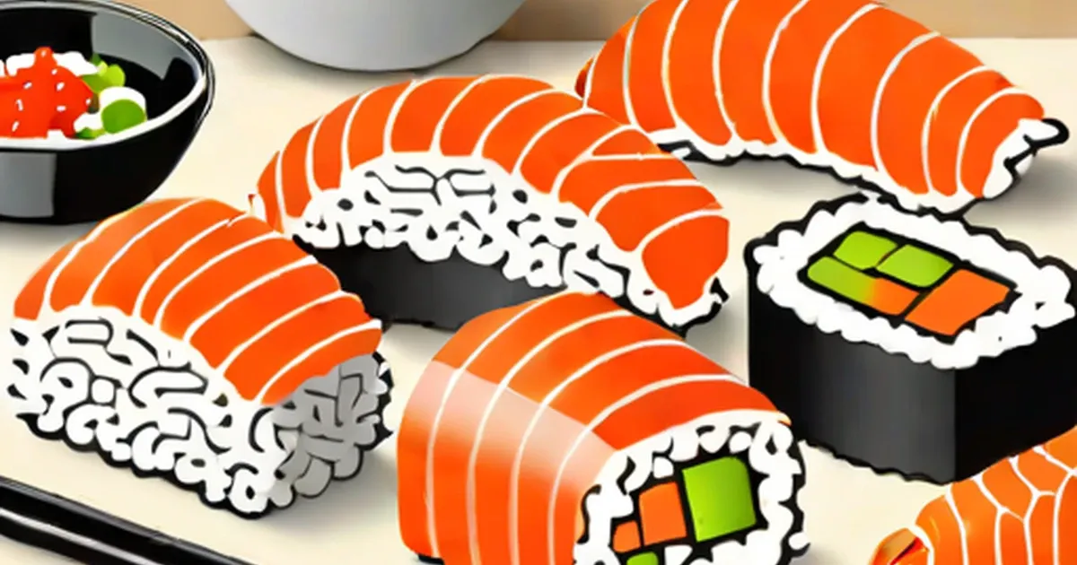 Illustrated sushi pieces with salmon nigiri and vegetable-filled rolls