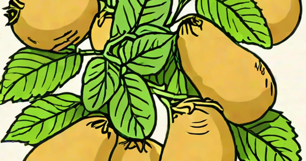 Illustrated golden potatoes with green leaves and stems