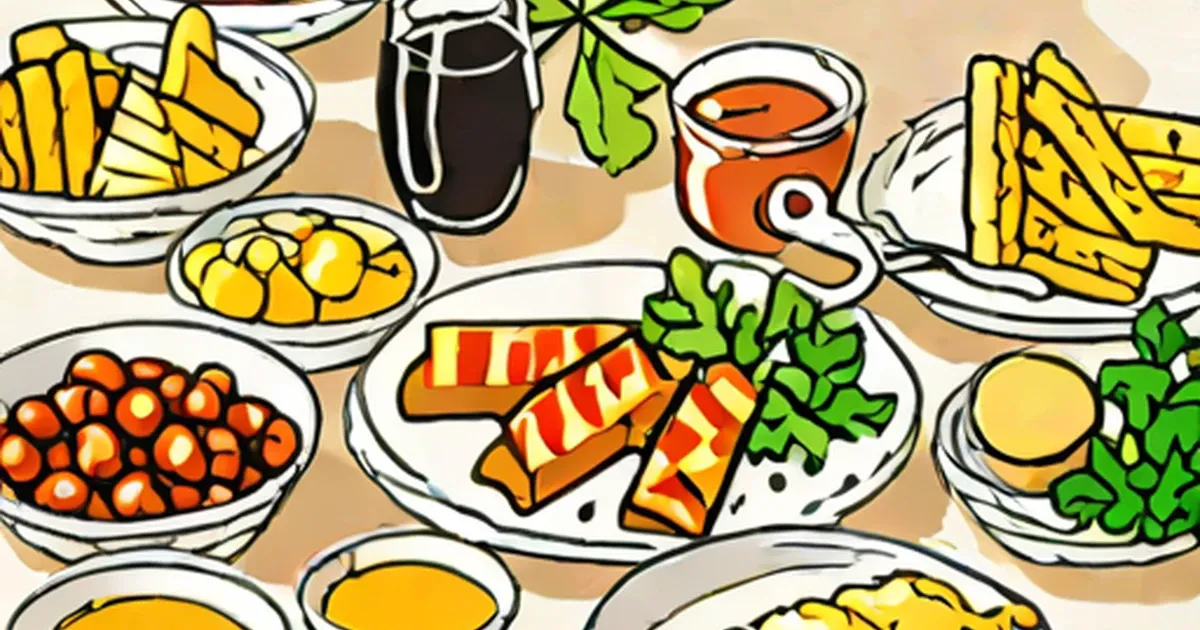 Illustrated Swedish meatballs, potatoes, fries, and vegetable sides