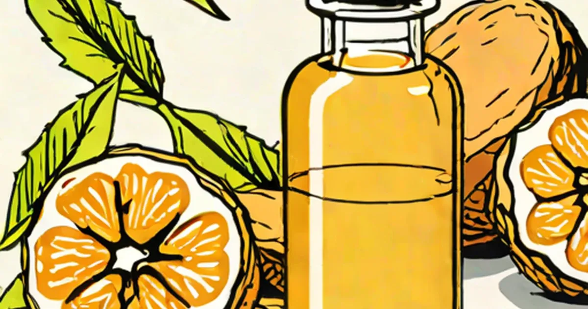 Golden almond oil in a glass bottle with citrus slices and green leaves