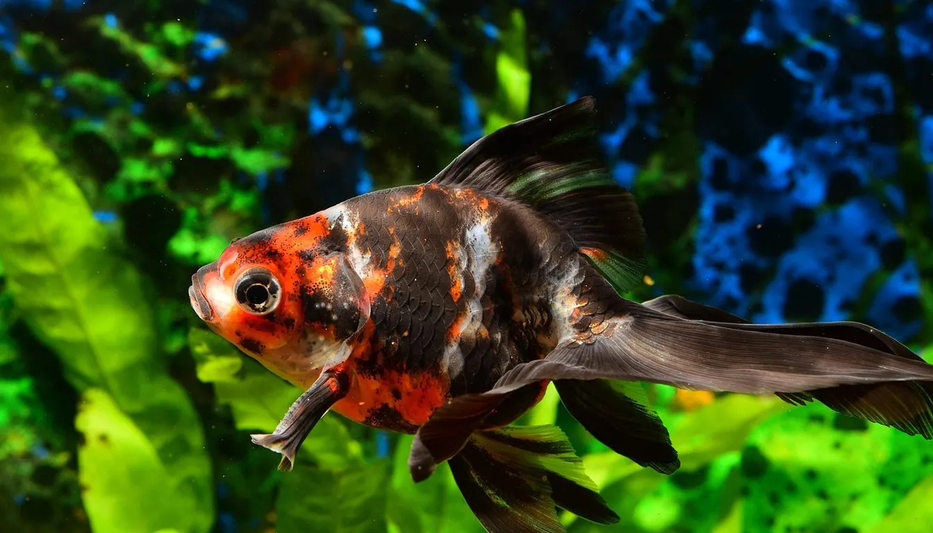 A calico goldfish drifting near aquarium plants
