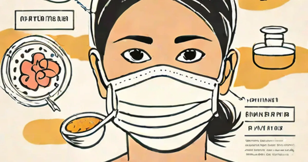 Illustration of a masked person with magnified flu virus, ginger, and Ayurvedic remedies