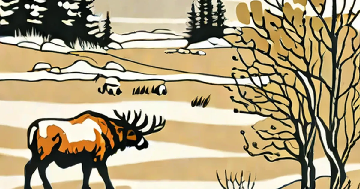 Moose in snowy tundra with bare and coniferous trees