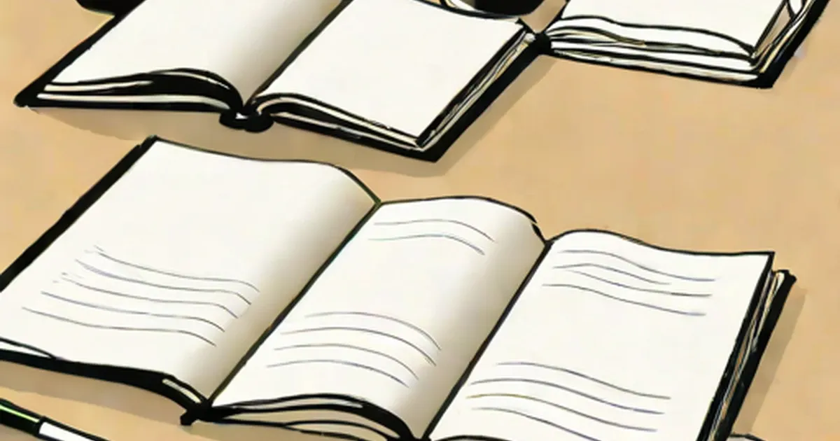 Stack of open books with lined pages on a tan background