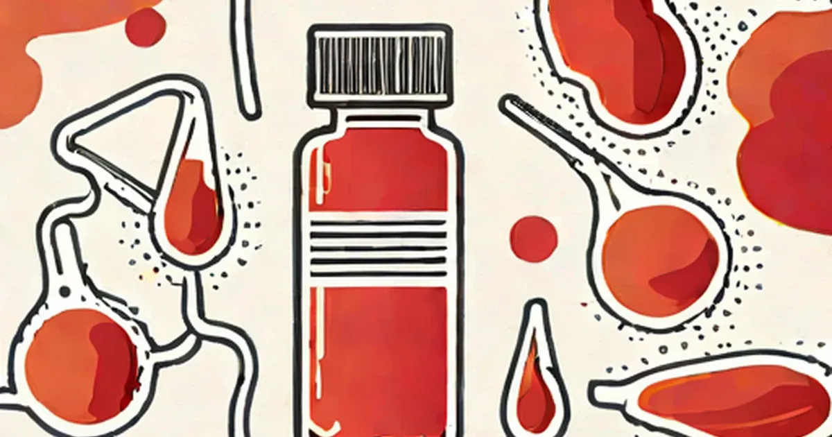 Red blood sample bottle with illustrated blood cells and capillaries