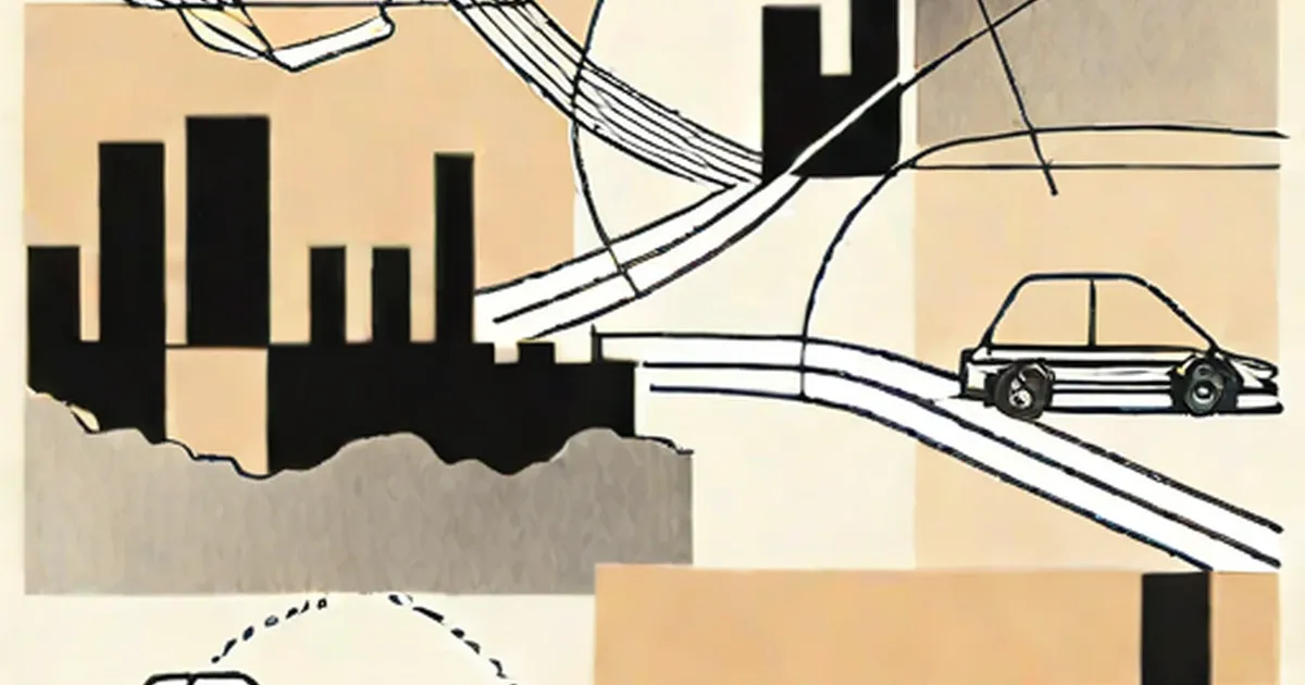 Black industrial cityscape with flowing lines connecting to an automobile illustration