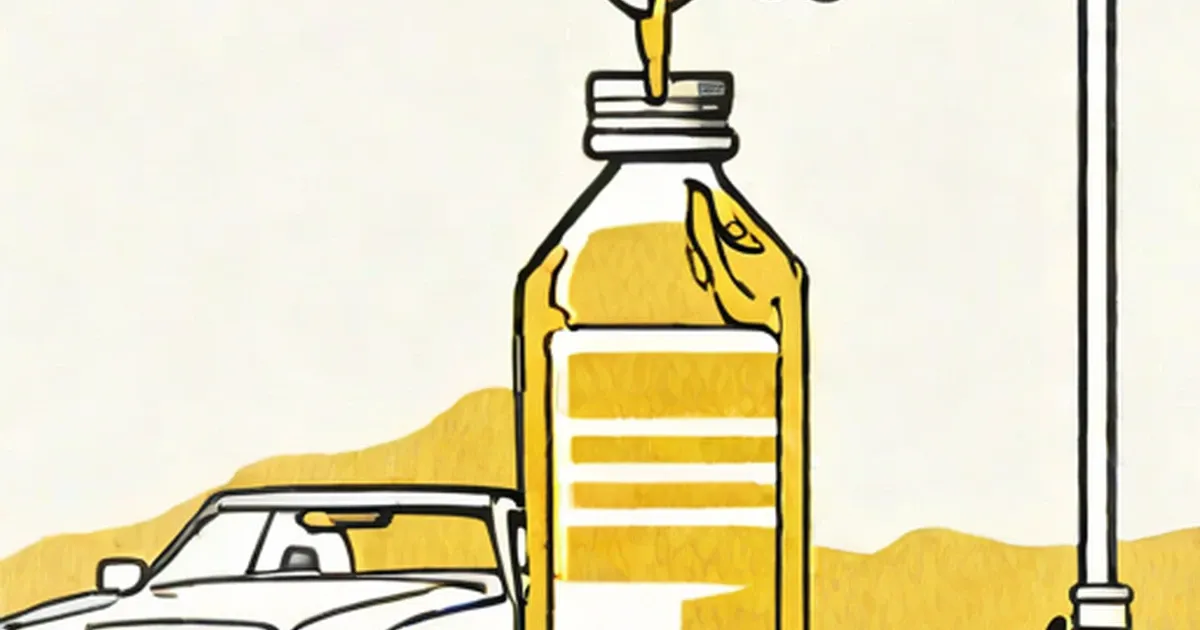 Motor oil being poured from a large yellow bottle into a car