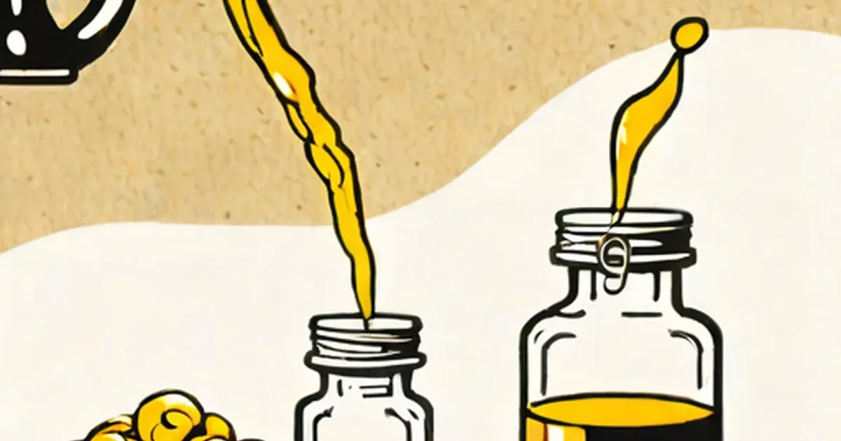 Engine oil pouring into glass bottles