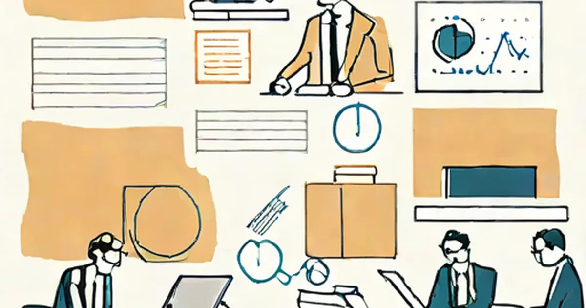 Professionals surrounded by interconnected business tools including charts, documents, and clocks