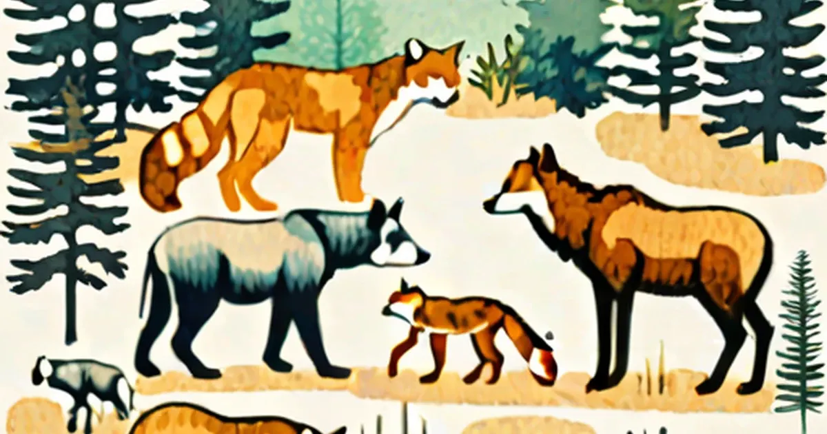 Taiga wildlife including wolves, moose, and deer among snow-covered evergreen trees