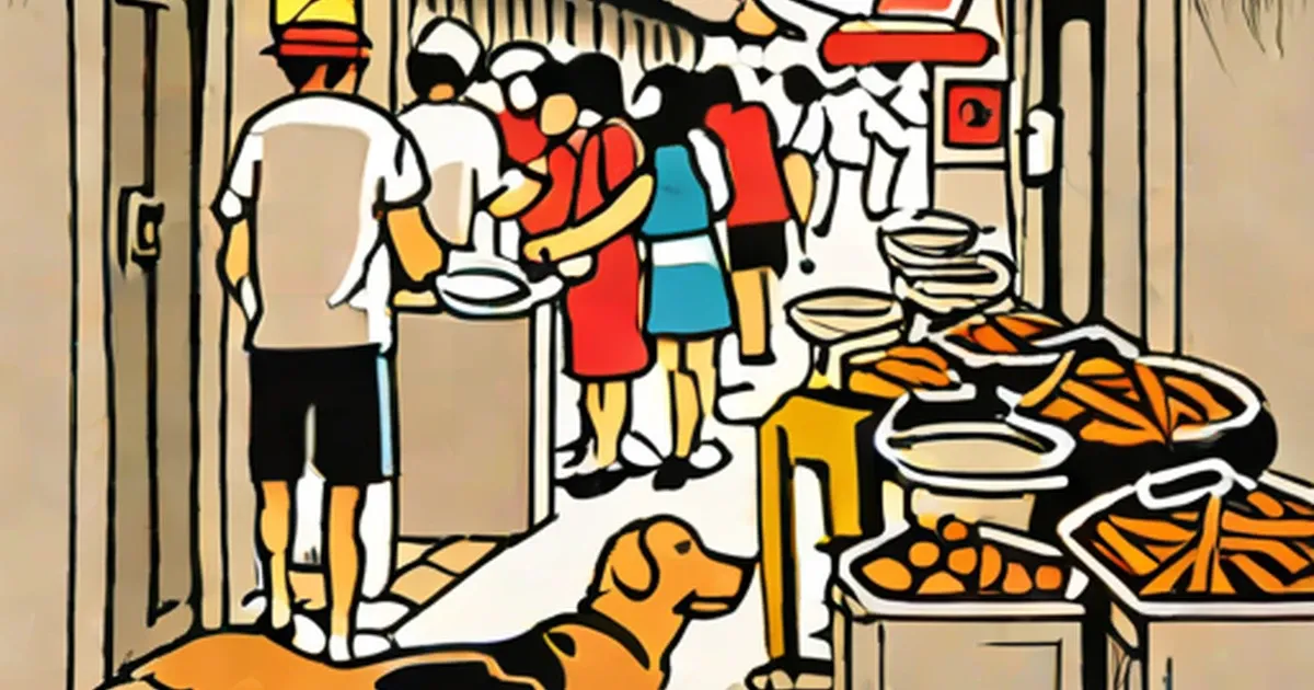 An orange dog at a street food market with vendors and stalls