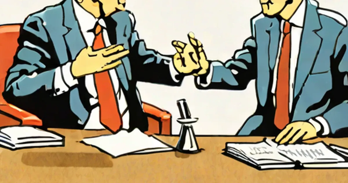Two businessmen in suits debate across a table with papers and microphone between them