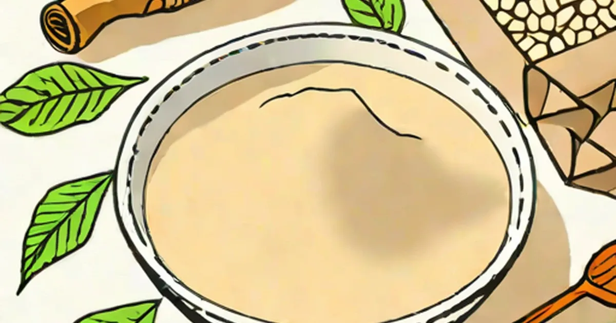Illustrated bowl of pale flour surrounded by drawn cooking ingredients and herbs