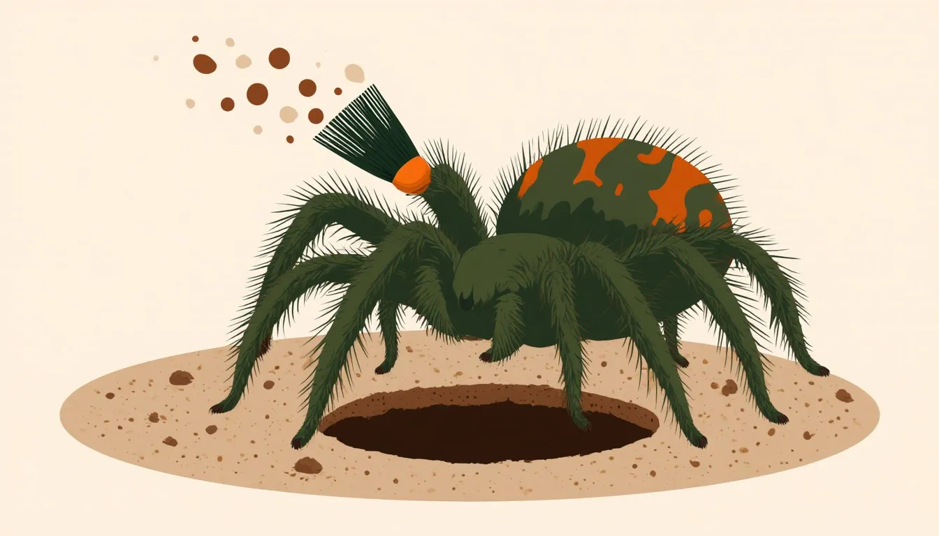 Illustration of a tarantula at its burrow entrance, flicking defensive hairs from its abdomen with a raised leg.