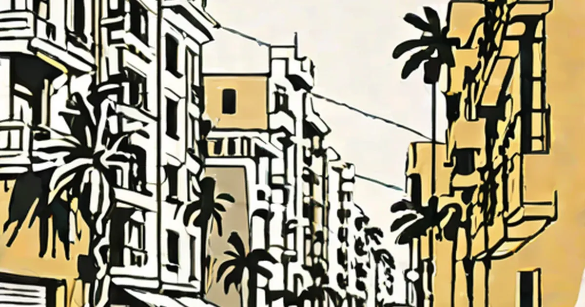 Stylized illustration of a street with cream and tan buildings and palm trees