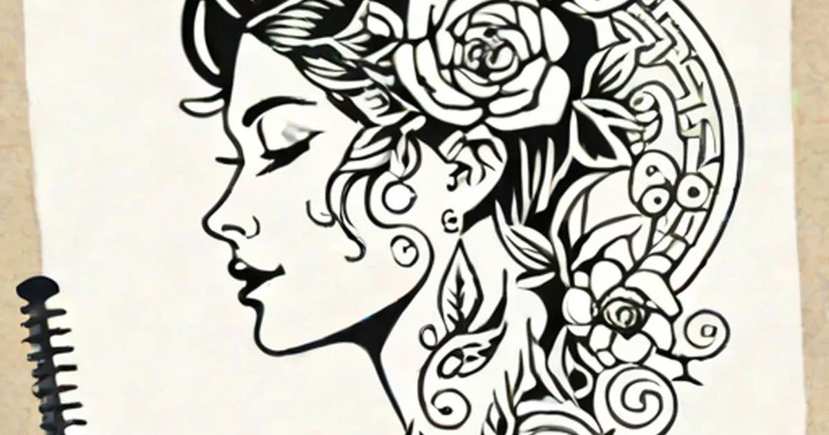 Woman in profile with floral and rose tattoo designs on head, neck, and shoulder