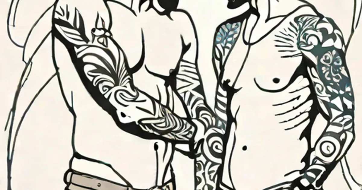 Two illustrated figures with tattoo sleeves, holding hands together