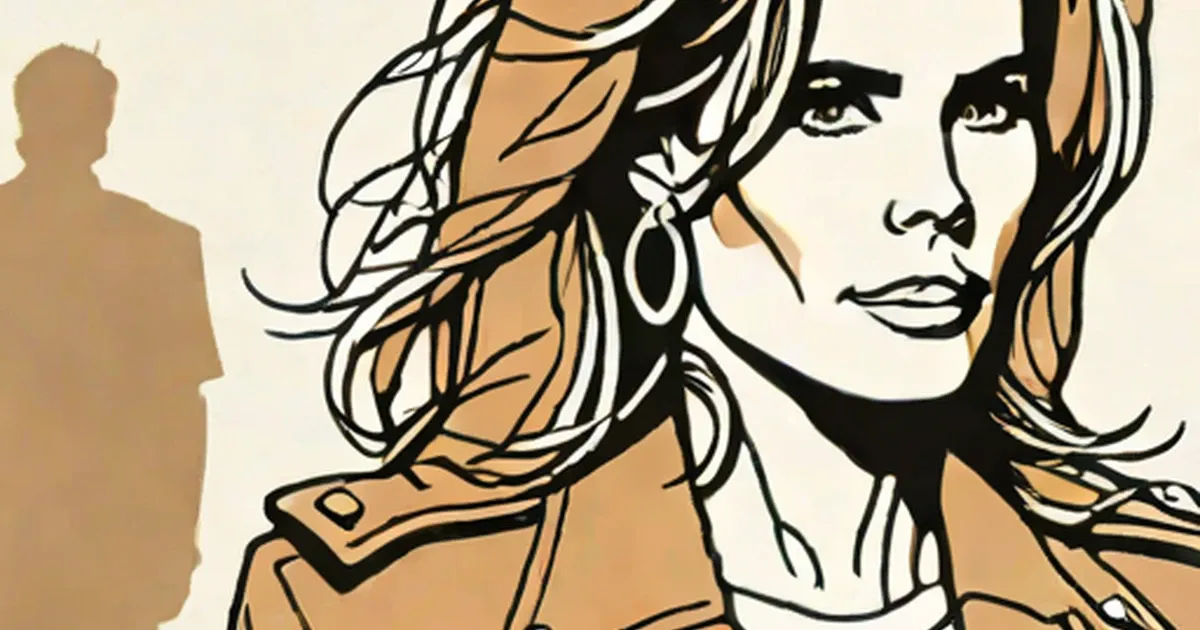 Illustration of Tawny Kitaen with blonde wavy hair, hoop earrings, and tan-colored clothing