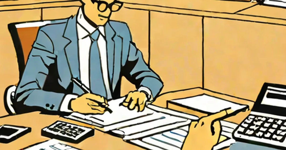 Man in blue suit reviewing documents at desk with calculators