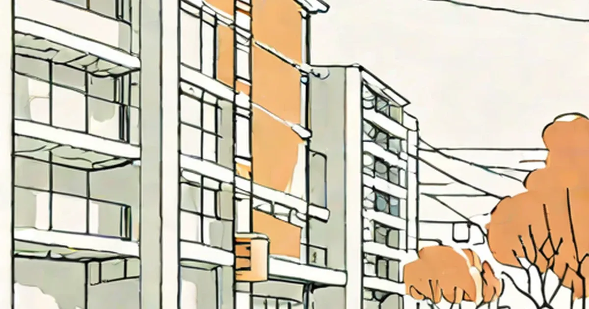 Connected apartment buildings illustrated with utility lines running between them