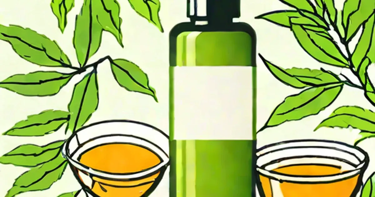 Green bottle with white label and two bowls of golden liquid surrounded by tea tree leaves