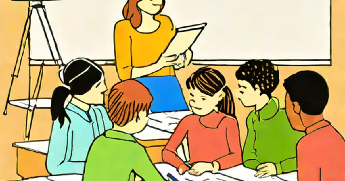 Teacher in yellow shirt works with five children around papers and a whiteboard