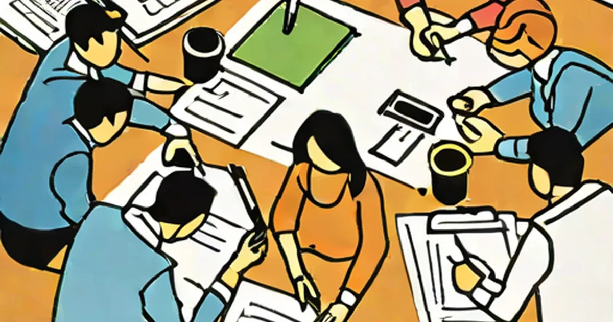 Team members working together at a table with papers and office supplies