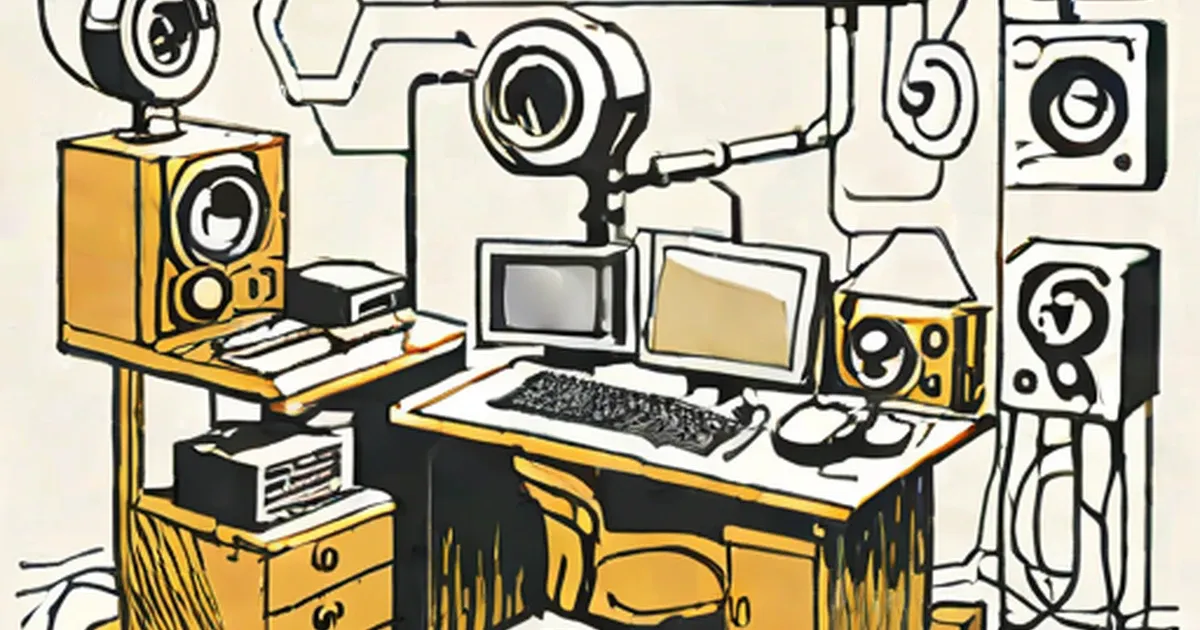 1970s computer workstation with monitors, keyboard, and speakers