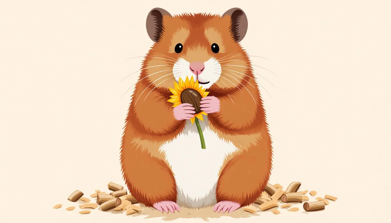 A round, long-furred teddy bear hamster sits upright holding a sunflower seed in its paws.