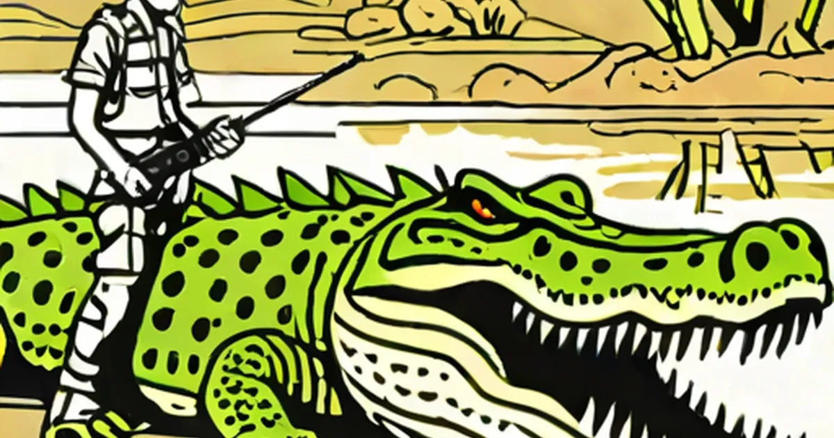 Angler with fishing rod facing a large green crocodile in shallow water