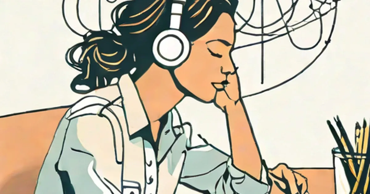 Profile of person wearing headphones with eyes closed and swirling thought patterns above