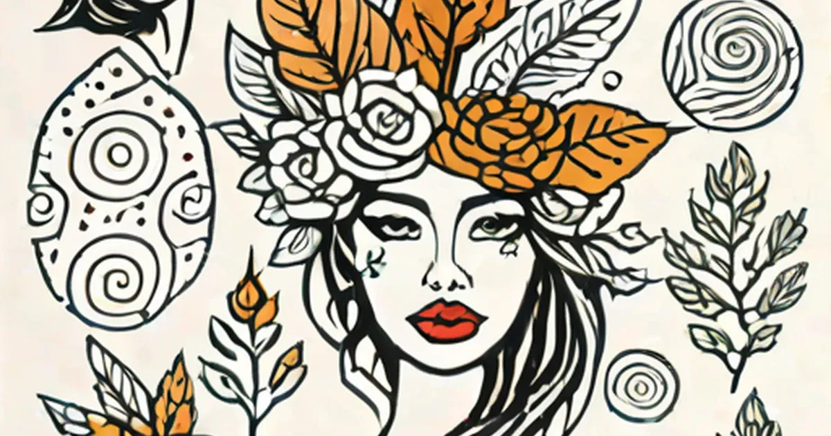Tattoo design showing a woman’s face with ornamental gold and white leaves, flowers, and circles