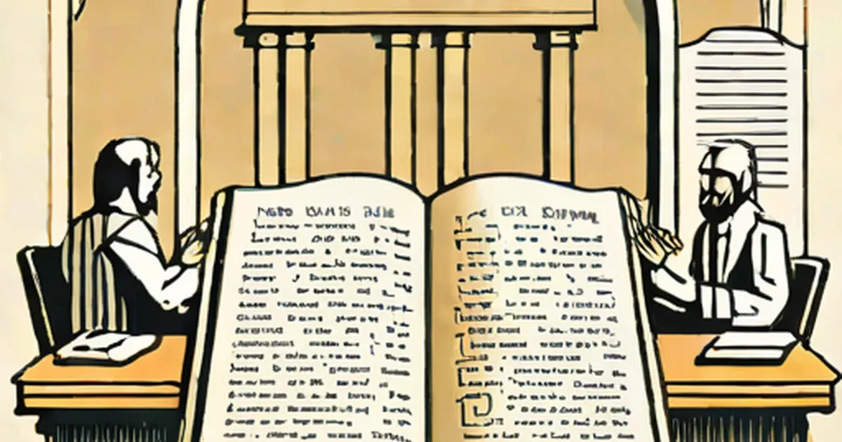 Two silhouetted figures sit at desks with a large document between them
