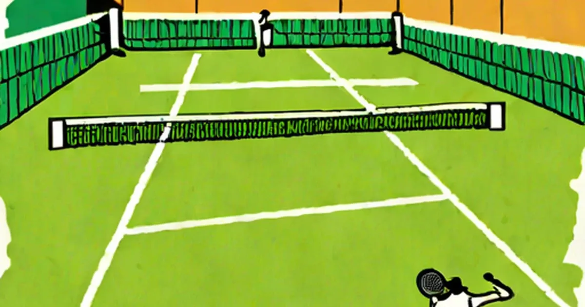 Grass tennis court with net and racket, viewed from above