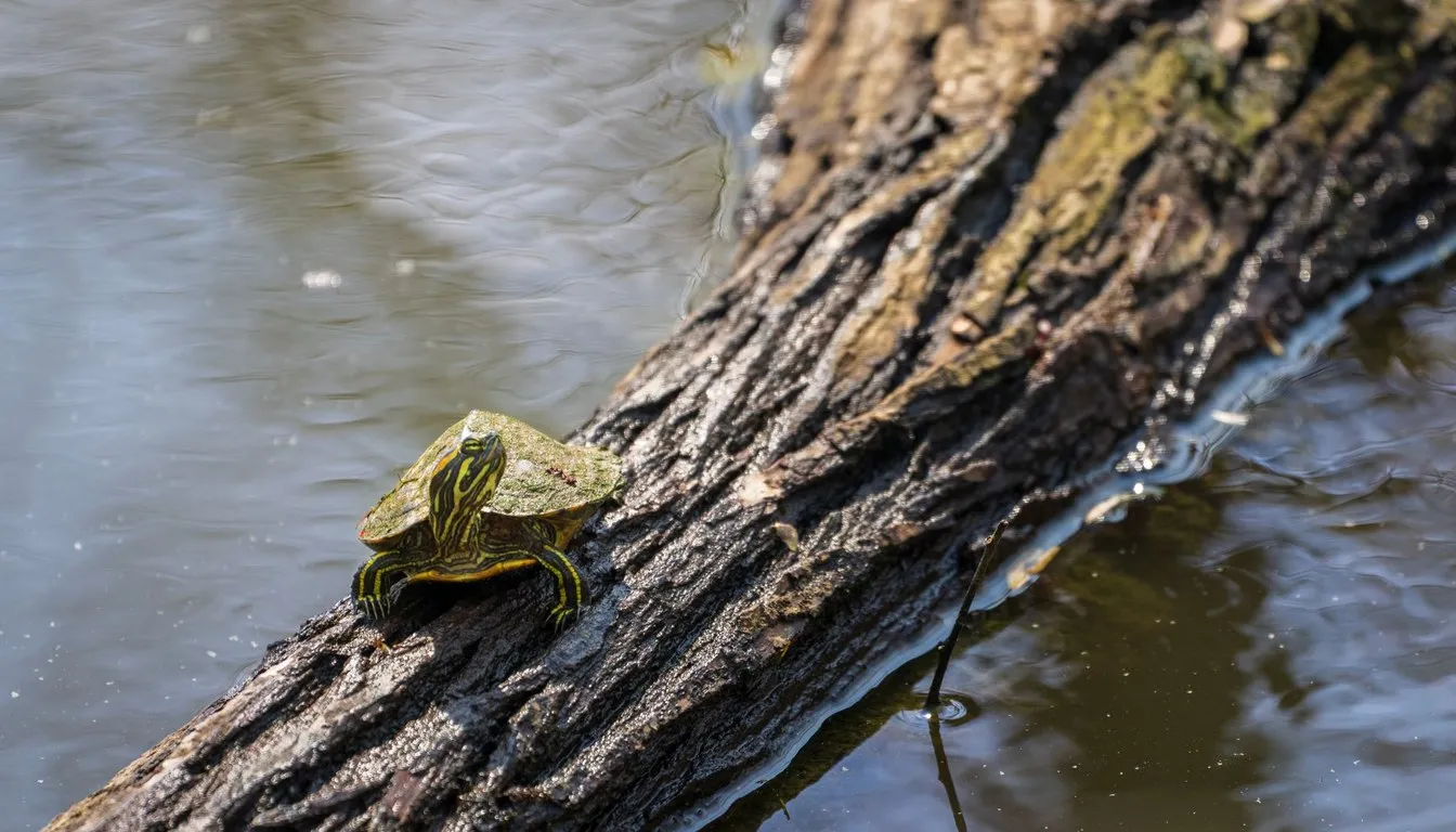 A small terrapin basking on a log over water