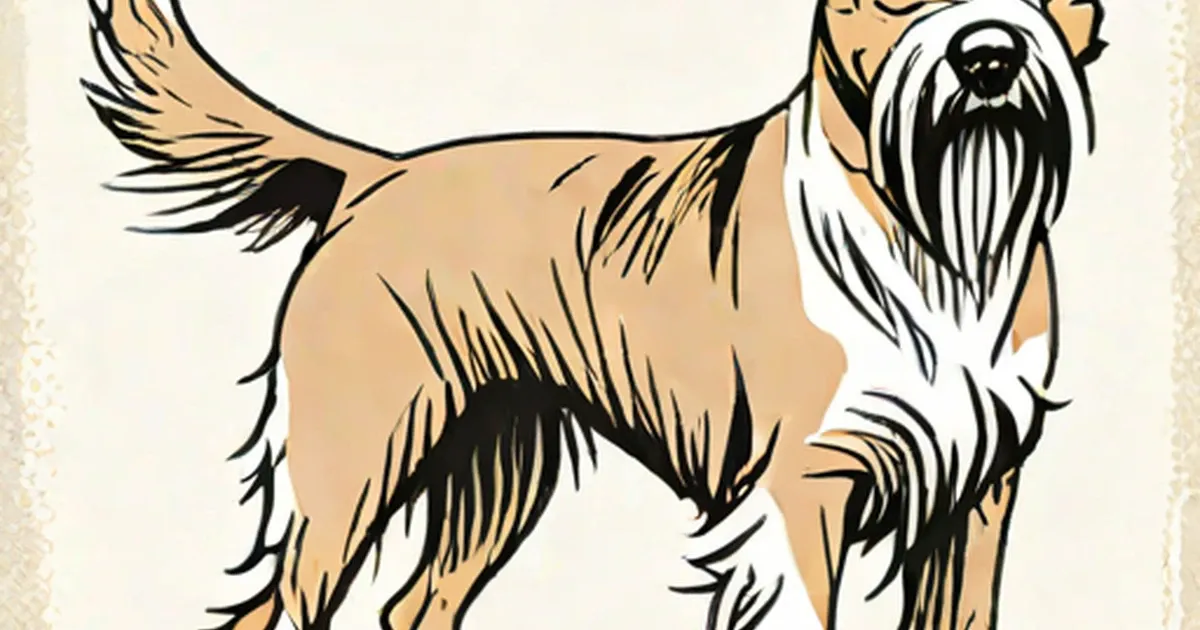 Tan and white terrier with a long beard and feathered tail