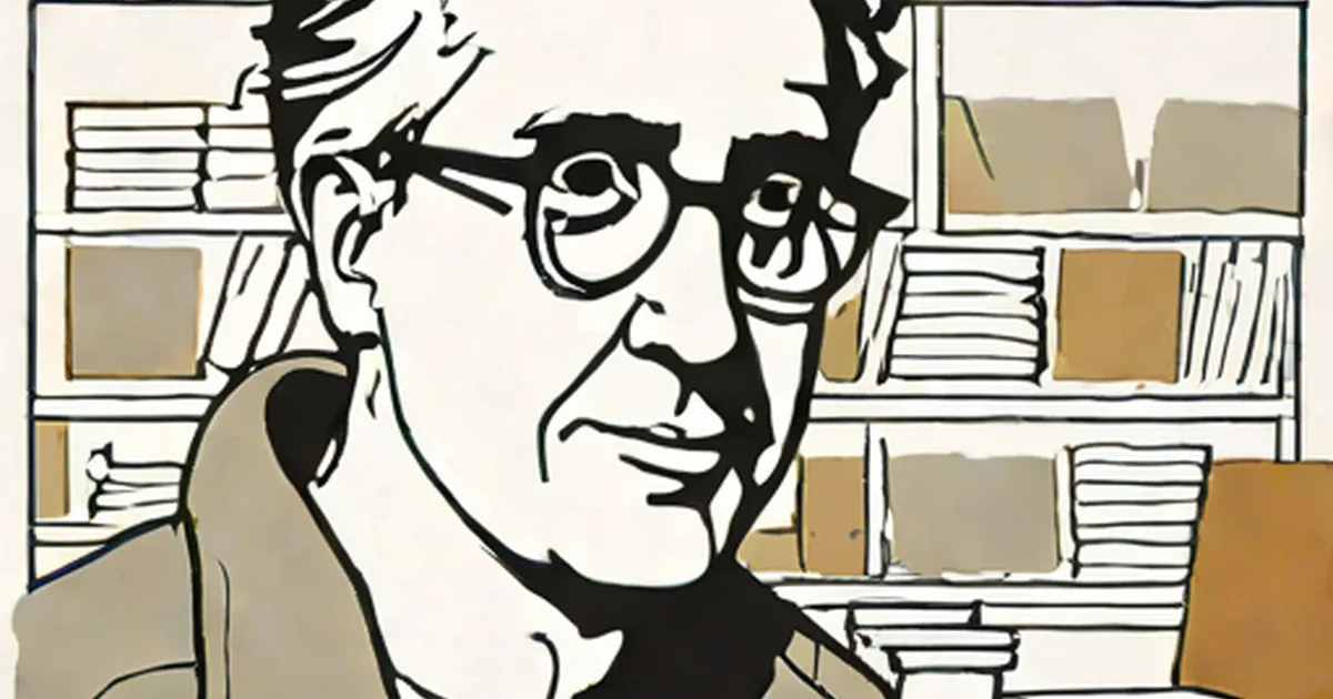 Illustrated Terry Hall wearing round glasses against bookshelves