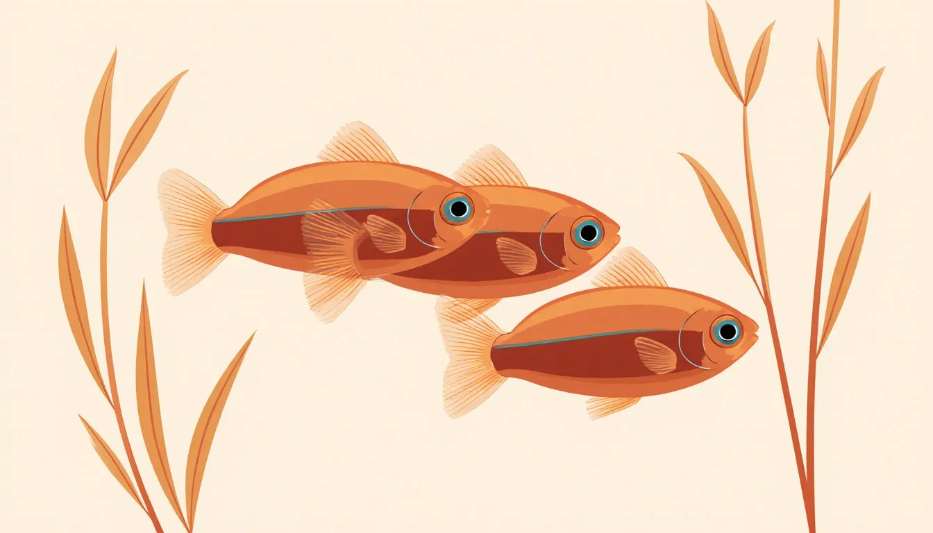 A small school of tetra fish with forked tails and reflective side stripes swimming among aquarium plants.