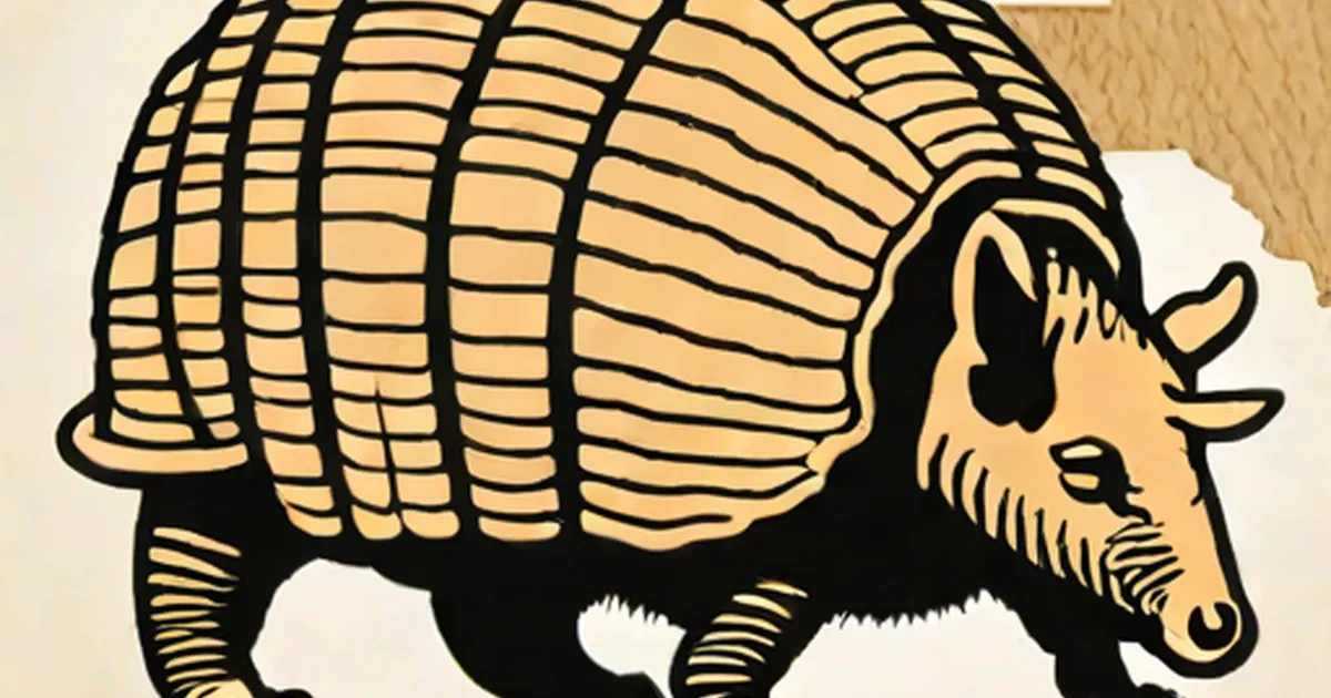 Nine-banded armadillo with banded shell in tan and black line art