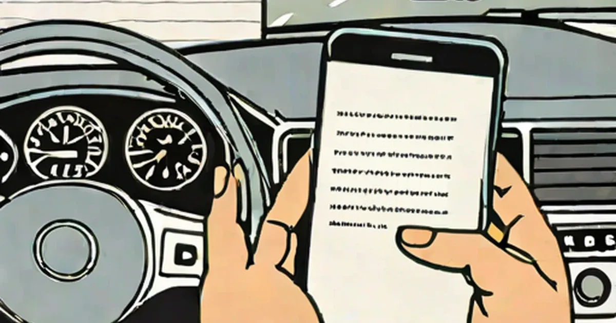 Driver holding smartphone while seated at steering wheel in car