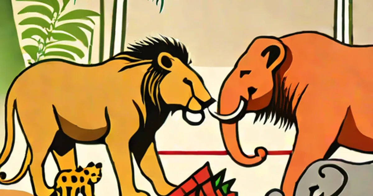 Lion and elephant illustration with heads touching