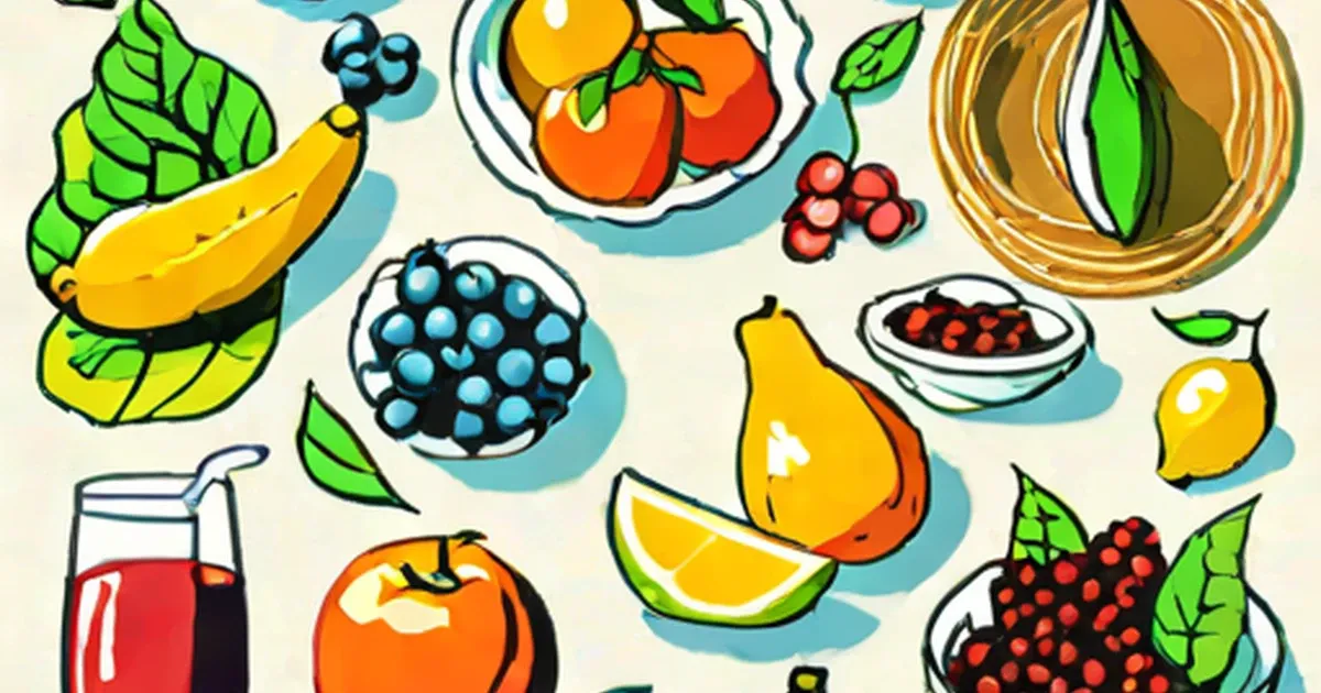 Illustrated assortment of fresh produce including fruits, berries, vegetables, and olive oil