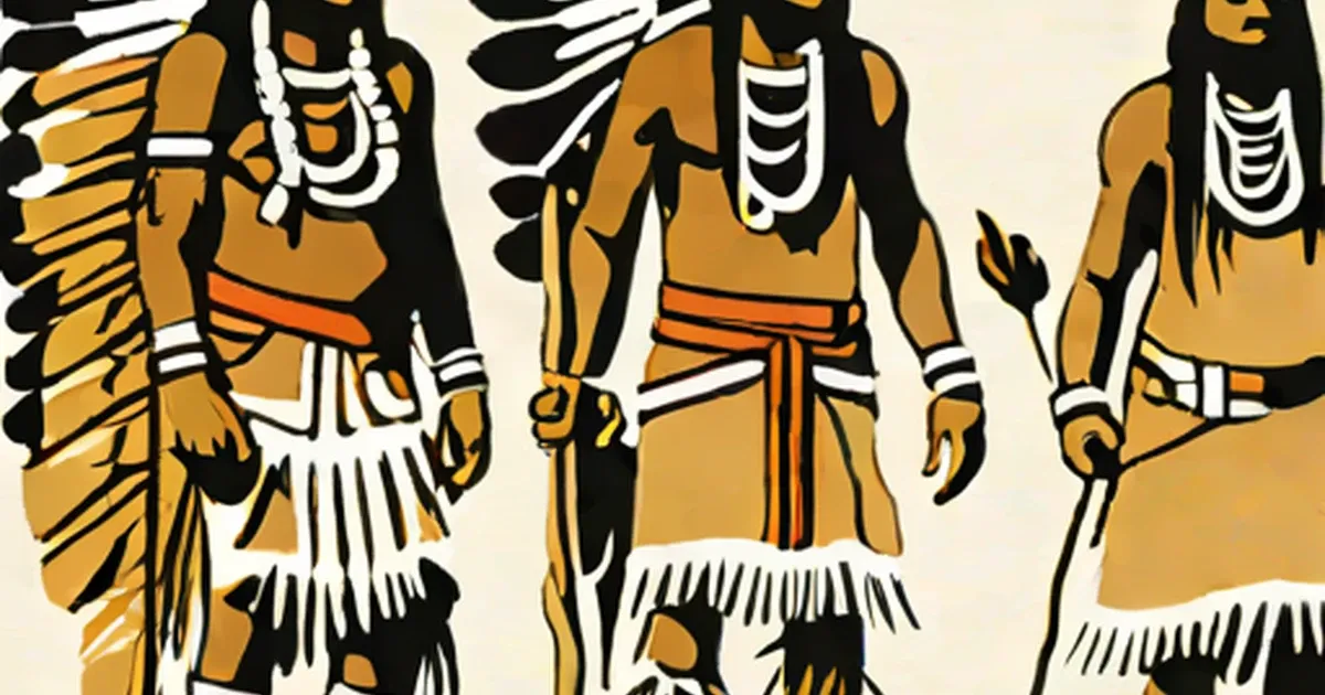 Absaroke warriors in traditional dress with feathered headdresses and bone breastplates