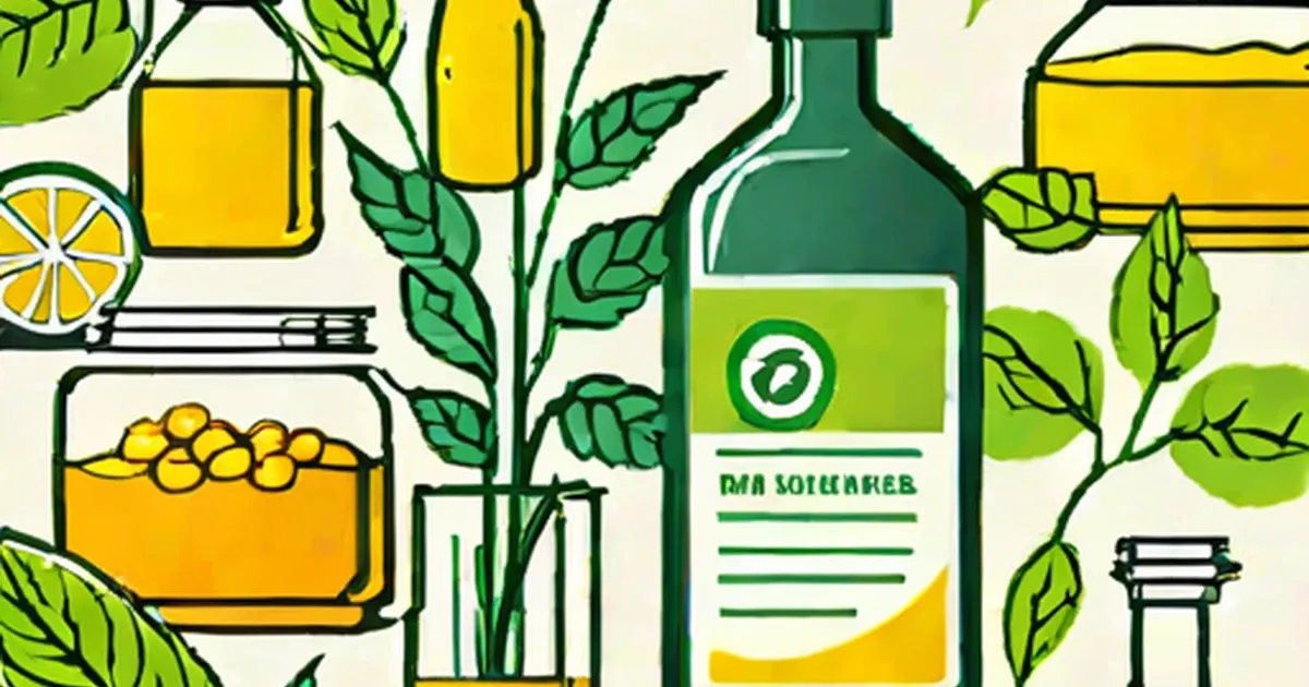 Green biodiesel bottle with plant leaves, oil containers, and citrus