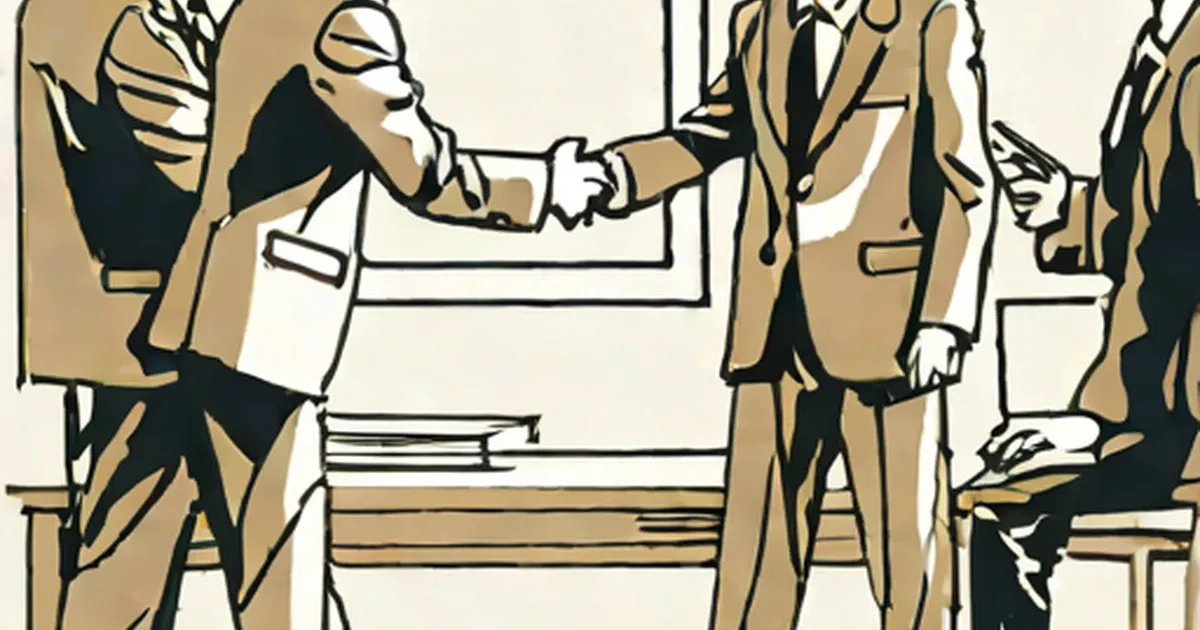 Cartoon illustration of officials in suits shaking hands across a table in a formal meeting room