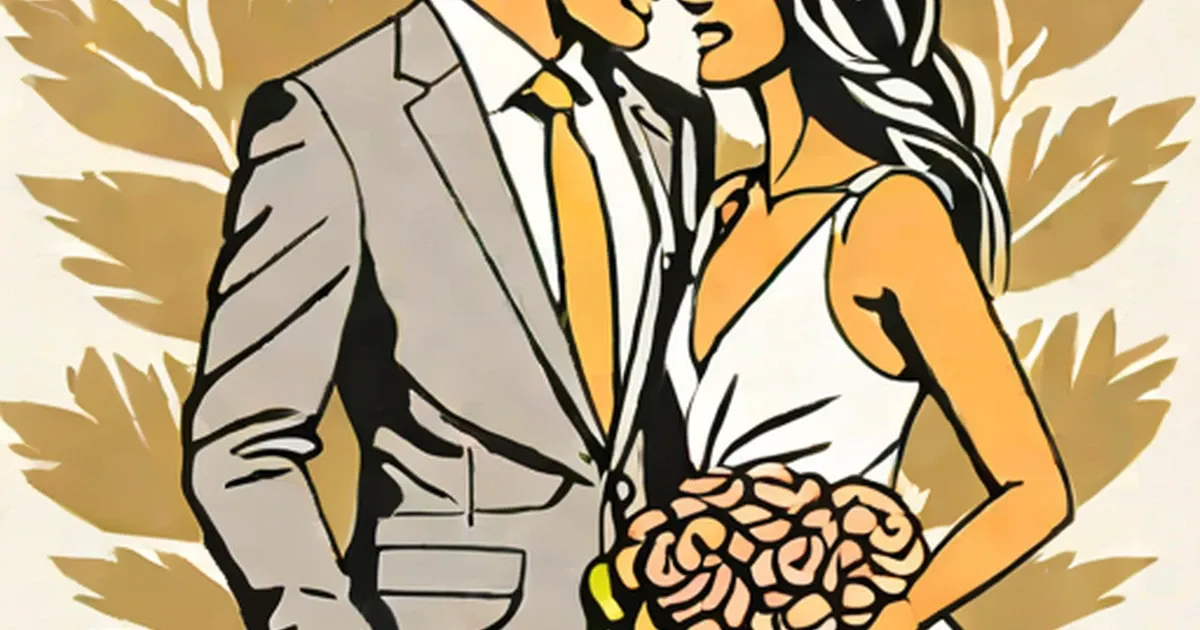 Illustrated Bachelorette couple with woman holding bridal bouquet of peach roses against gold leaf background