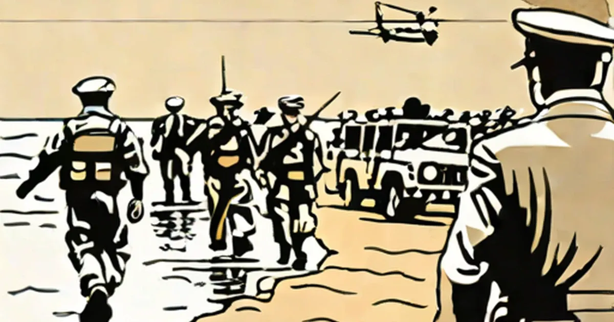 Military forces land on a beach with jeeps and aircraft during amphibious operations